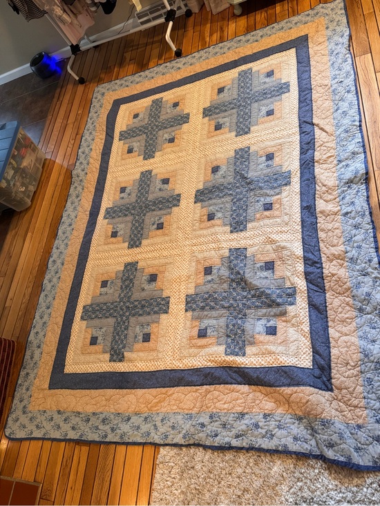 Other - Handmade Log Cabin pattern quilt with blue and tan fabrics